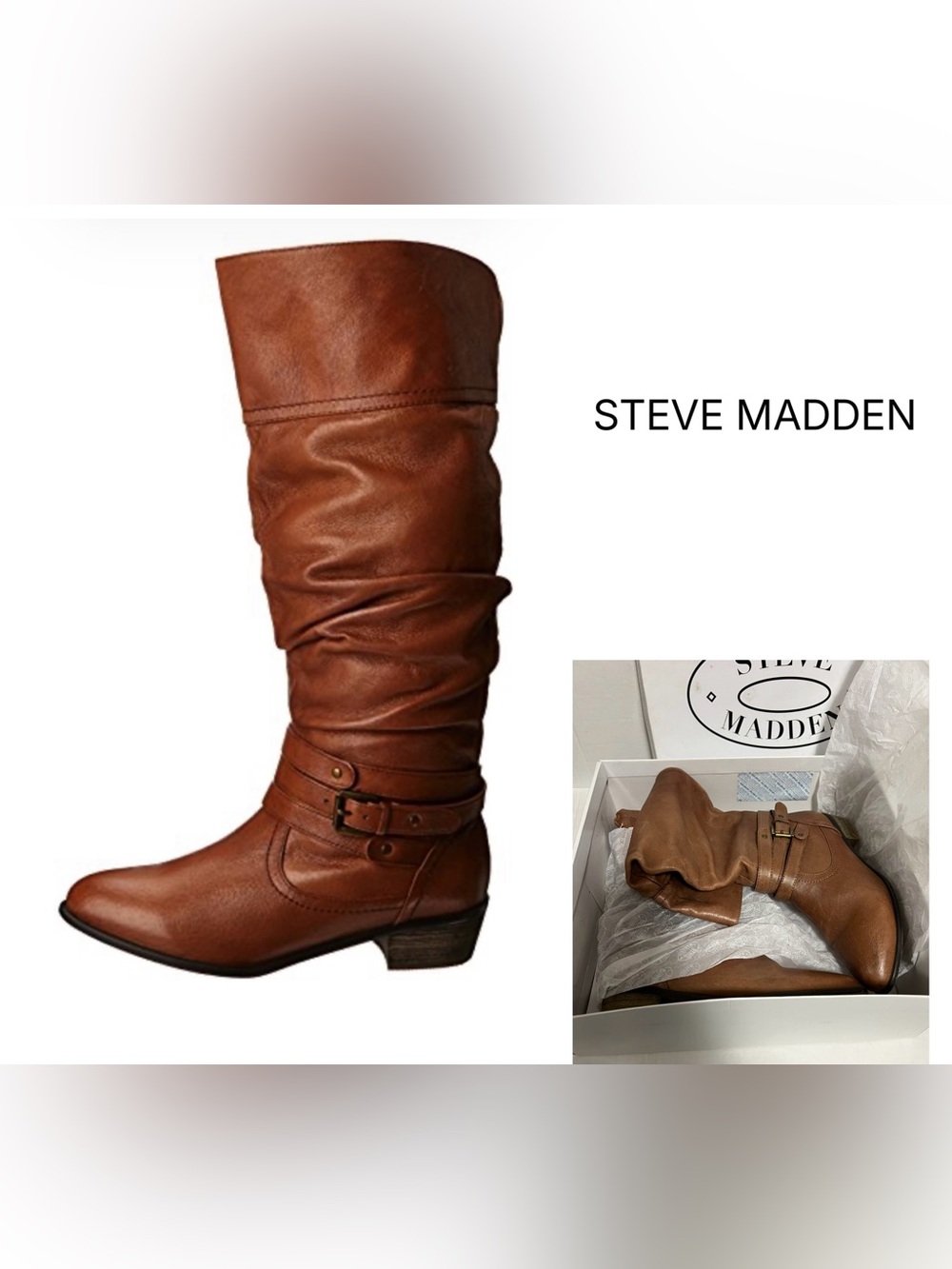 STEVE MADDEN - 8 - LIKE NEW - CASSTRO GENUINE LEATHER COGNAC BROWN SLOUCHY BOOTS
